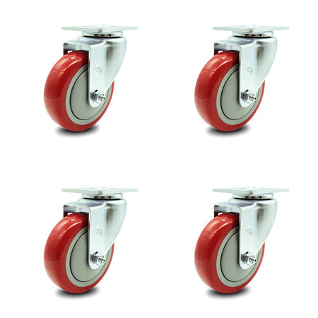 SERVICE CASTER 4 Inch Red Polyurethane Wheel Swivel Top Plate Caster Set SCC-20S414-PPUB-RED-4